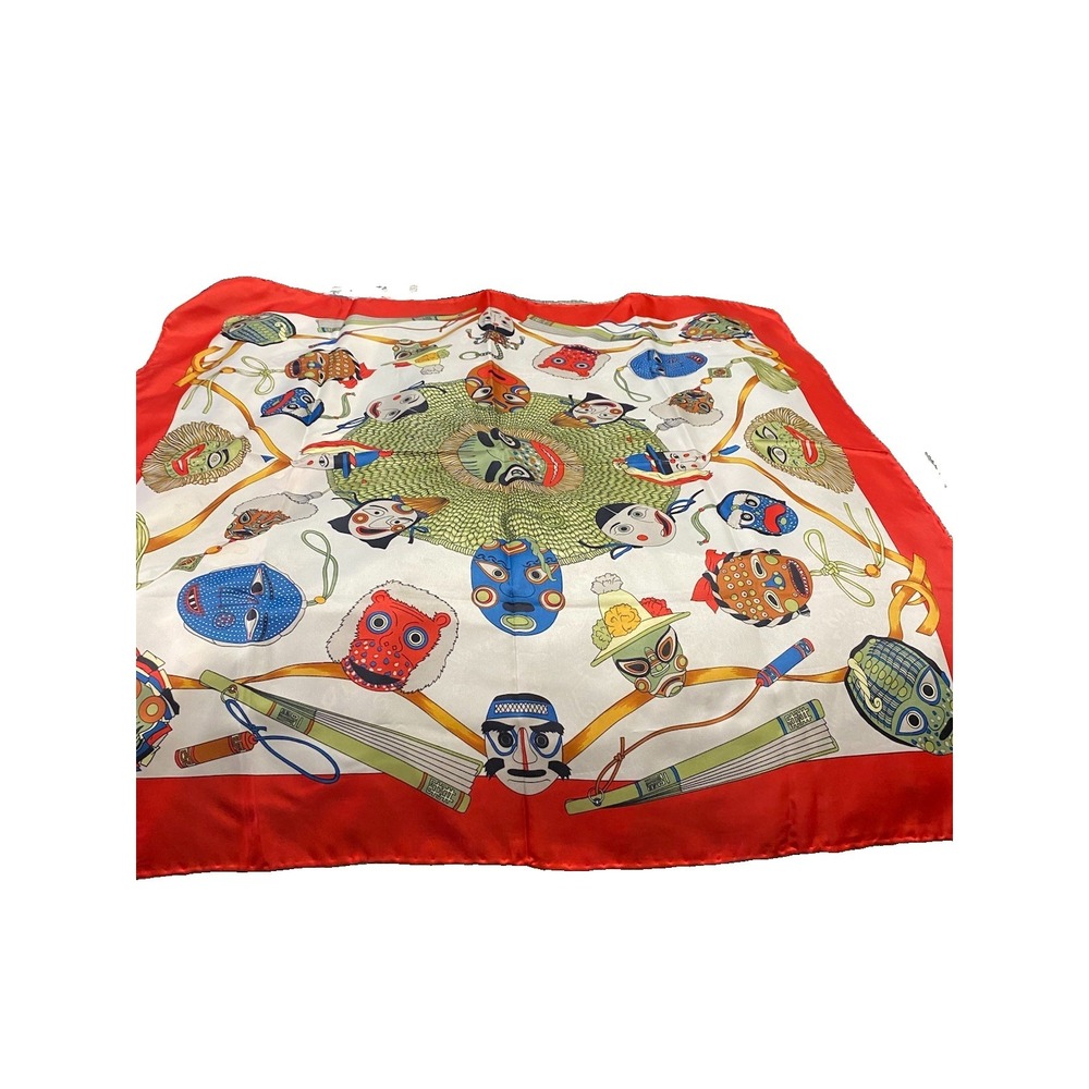 White silk Square Scarf Red Border Colorful Asian Mask & Traditional Motifs